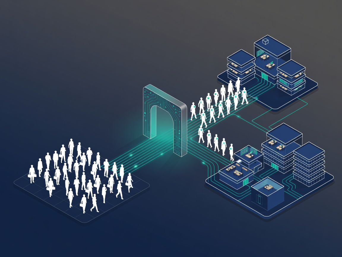 A professional 3D isometric illustration representing Recruitment Process Outsourcing (RPO). The composition features a sleek, translucent "Optimization Gateway" acting as a strategic bridge between a diverse pool of talent silhouettes on the left and a structured corporate headquarters on the right. The talent silhouettes are channeled through a series of glowing, clean teal lines that symbolize a refined selection process, emerging as bright, integrated team members within the corporate structure. The style is a high-end digital illustration with a matte finish, utilizing a professional color palette of deep navy, vibrant teal, and crisp white. The background is a minimalist, dark gradient to ensure high contrast and cognitive clarity. Soft studio lighting highlights the seamless flow of the process, with subtle depth shadows and no text. Cinematic 16:9 aspect ratio, high detail, clean vector-inspired aesthetic. Do not include citation in the image. If text is given, generate in English language.