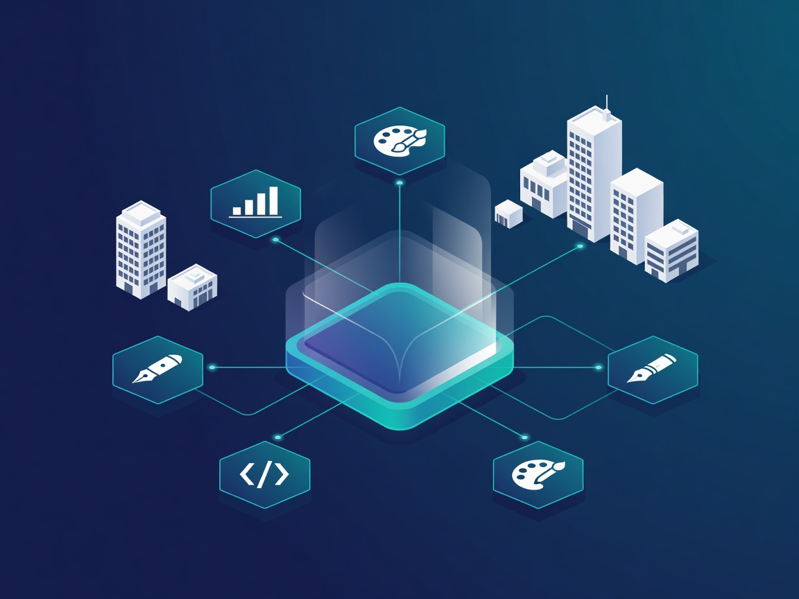 A professional digital editorial illustration of a freelance marketplace ecosystem. The composition features a central, sleek, translucent digital platform hub. Radiating from this hub are organized, floating hexagonal nodes, each containing a minimalist icon representing different professional skills: a fountain pen, a coding bracket, a design palette, and a bar chart. Thin, glowing cyan lines connect these skill nodes to the central platform, illustrating a seamless flow of talent. In the background, stylized, clean-lined corporate office silhouettes represent the clients. The style is a high-end corporate vector illustration with smooth gradients, soft shadows, and a clean isometric perspective. Color palette: deep navy blue, vibrant teal, and cool whites. The lighting is soft and ambient, emphasizing a clean, efficient, and trustworthy professional environment. Wide 16:9 aspect ratio, minimal complexity, no text. Do not include citation in the image. If text is given, generate in English language.