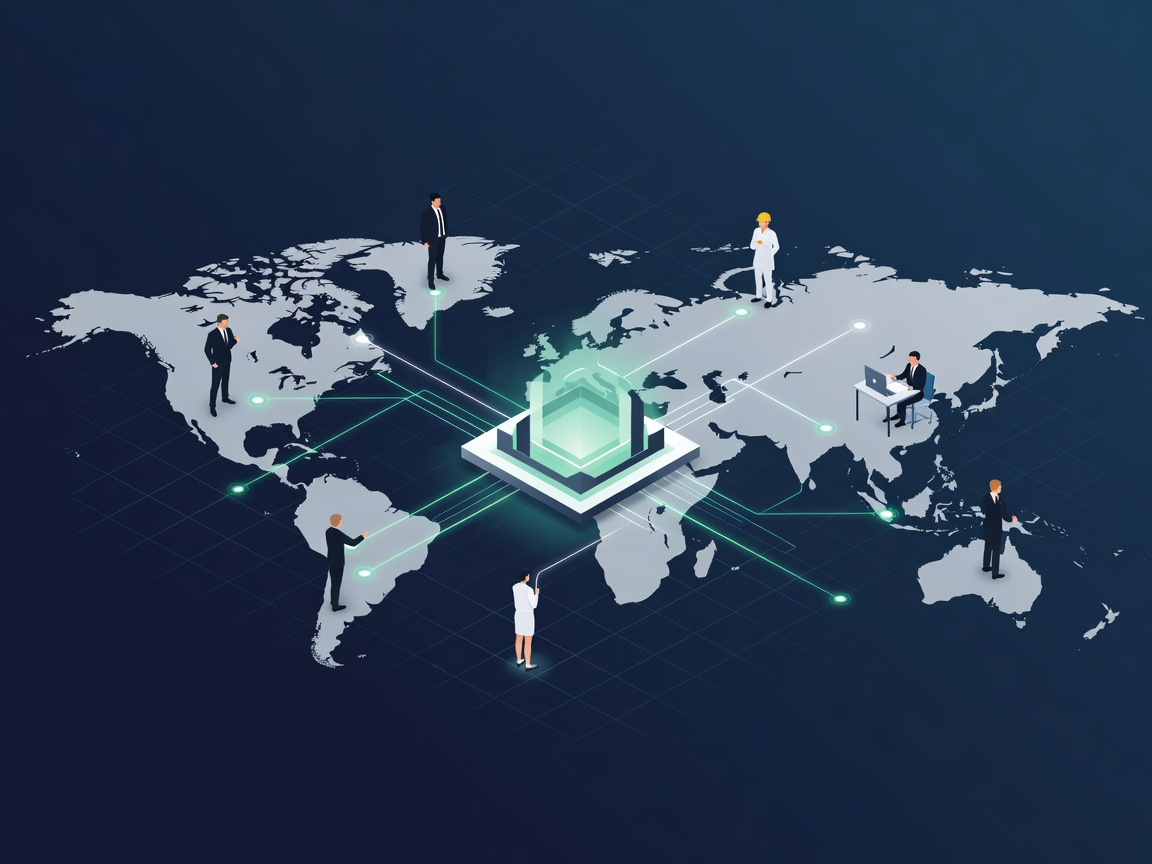 A professional digital illustration of a central "Employer of Record" platform represented as a sleek, glowing command center. From this central hub, pristine teal and white light-paths extend across a minimalist, dark-blue isometric world map, connecting to diverse professional silhouettes in different global regions. Each connection represents a seamless hire, symbolized by subtle, glowing nodes that indicate integration and compliance. The composition is clean and uncluttered, using an isometric 3/4 view to emphasize the ease of global expansion and the bridging of borders. The style is a sophisticated corporate 3D vector illustration with smooth gradients, matte finishes, and a high-end tech aesthetic. Lighting is focused on the central platform to indicate it as the source of connectivity, with a shallow depth of field blurring the distant edges of the map. No text, high-impact visual clarity, 16:9 aspect ratio. Do not include citation in the image. If text is given, generate in English language.