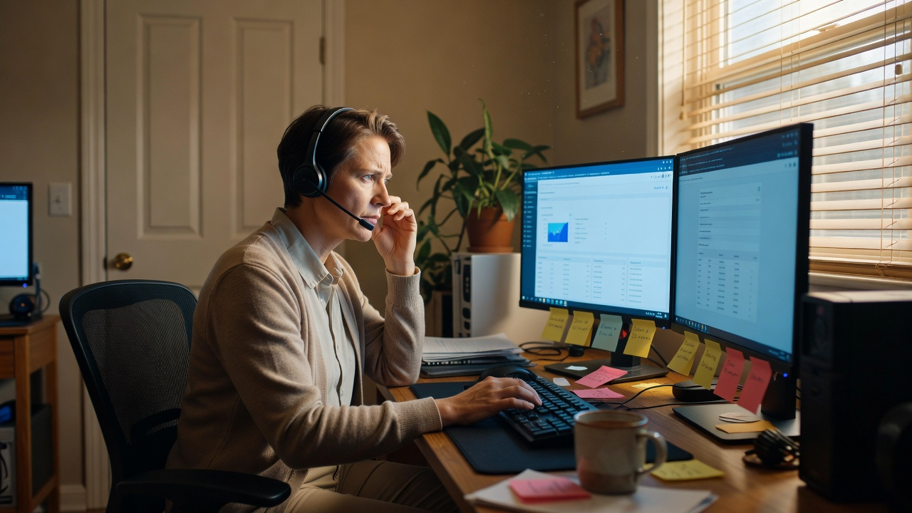 Modern Workplace Candid photography. A medium wide shot of a focused remote customer support agent working in a dedicated, lived-in home office. The agent is wearing comfortable but professional attire, typing on a keyboard while looking intently at a dual-monitor setup; one hand is adjusting the microphone of their headset. The location is a cozy spare-room home office with a closed door in the background, a houseplant on a shelf, and afternoon sunlight streaming through blinds. Warm natural tones contrast with the cool blue glow of the screens. Environmental details include a half-drunk mug of tea, sticky notes framing the monitor, and CRM software visible on the screen but slightly out of focus. The mood is calm, focused, and professional.